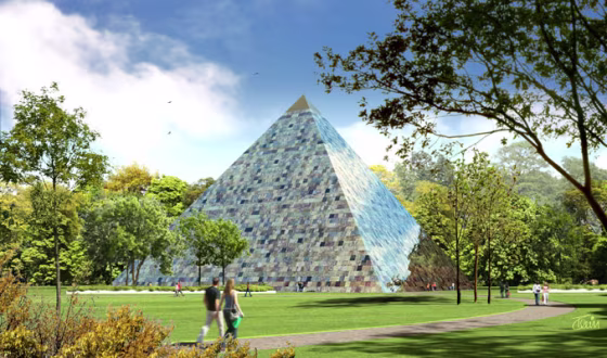 An artist's rendering of the Earth Pyramid. The Earth Pyramid Project is raising funds to erect a pyramidal structure in an as-yet-undecided location, built of stones quarried all around the world. It will contain a time capsule, to be opened 1,000 years from now.