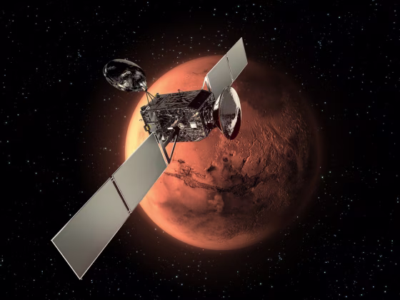 The ExoMars Trace Gas Orbiter (TGO), along with an Entry, Descent and Landing Demonstrator Module (EDM), were to form the first mission in the ESA-NASA ExoMars Program. This image&nbsp;shows the Orbiter and the EDM in cruise configuration.