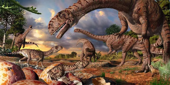 This artist's interpretation shows 190 million-year-old nests, eggs, hatchlings and adults of the prosauropod dinosaur Massospondylus in Golden Gate Highlands National Park, South Africa. While the mother dinosaurs likely were 20 feet (6 meters) long,&nbsp;their eggs were only 2.3 - 2.7 inches (6 to 7 cm) wide.