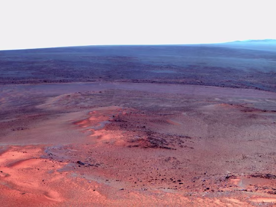 A mosaic of images showing the view northward and northeastward from Greeley Haven, the overwintering site for NASA's Opportunity Mars rover. Opportunity took the photos with its panoramic camera in mid-January 2012.