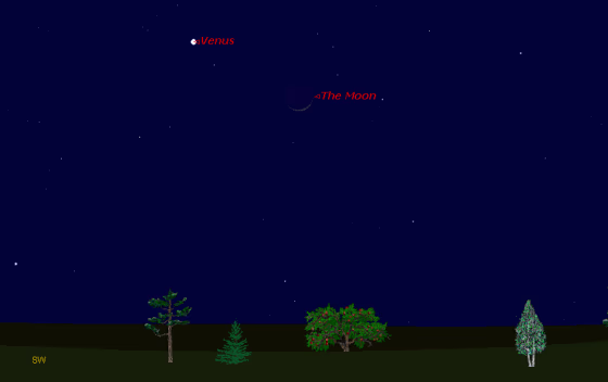 This sky map shows how the planet Venus will appear near the moon on Wednesday night at 6 p.m. to observers at mid-northern latitudes.