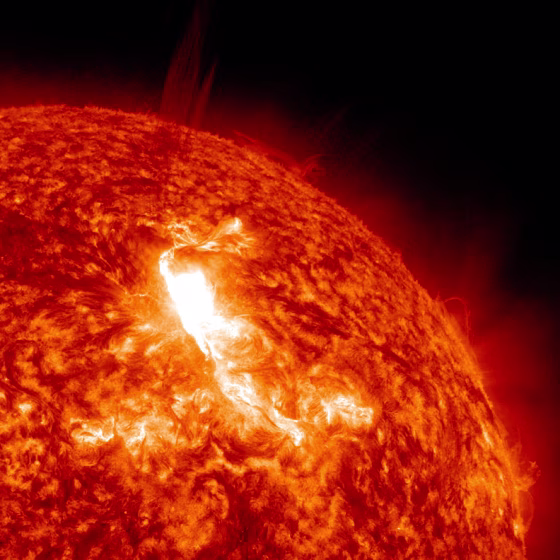 Solar Dynamics Observatory captured this flare, shown here in red/orange as that is the color typically used to show light in the 304 Angstrom wavelength. The flare began at 10:38 p.m. ET on Sunday, peaked at 10:59 p.m. and ended at 11:34 p.m.