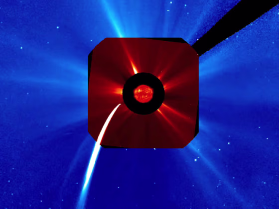 Comet Lovejoy skimmed across the sun's edge about 140,000 km above the surface late Dec. 15 and early Dec. 16, 2011, furiously brightening and vaporizing as it approached the sun. This SOHO spacecraft image shows the comet during that time.