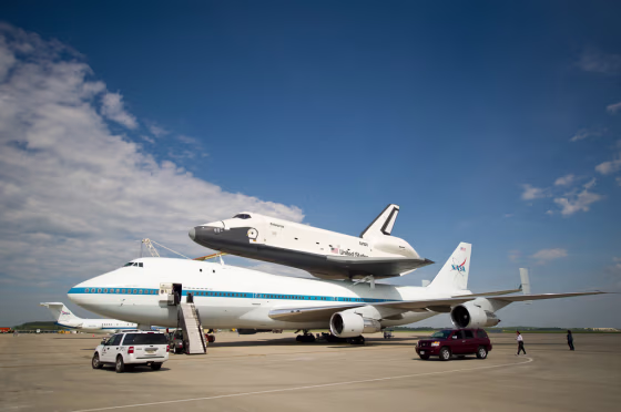 The space shuttle&nbsp;Enterprise&nbsp;is seen mated on top of the NASA’s Shuttle Carrier Aircraft (SCA), a modified Boeing 747 jumbo jet, at Washington Dulles International Airport nearly a week ago.