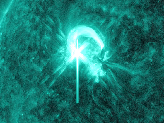 The sun unleashed an M4.7 flare at 8:32 EDT on Wednesday, as captured here by NASA’s Solar Dynamics Observatory. The flare was over quickly and there was no coronal mass ejection associated with it. This image is shown in the 131 Angstrom wavelength, a wavelength that is typically colorized in teal and that provided the most detailed picture of this particular flare.