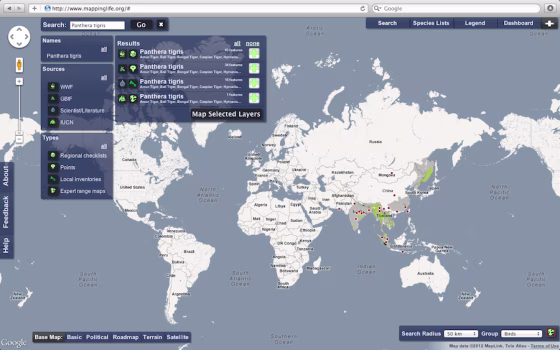 The worldwide distribution of tigers, shown in a new interactive map called Map of Life.