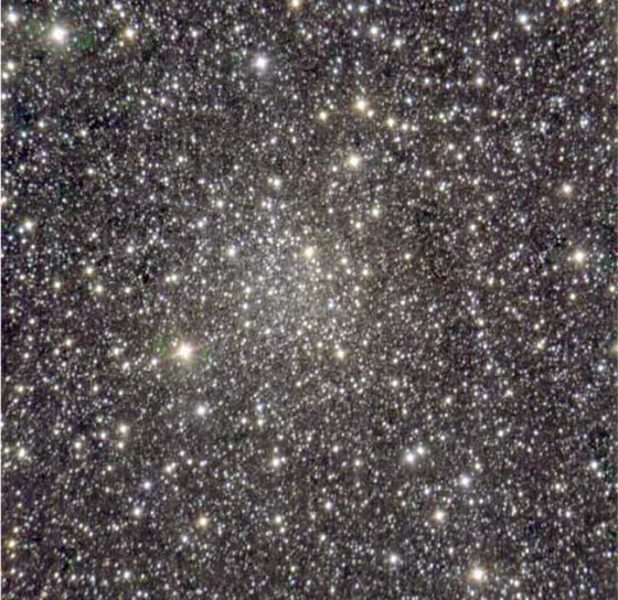 Color-composite image of FSR 1735. The cluster is the circular regions of stars and enhanced brightness in the center of the image. North is up and East is to the left.