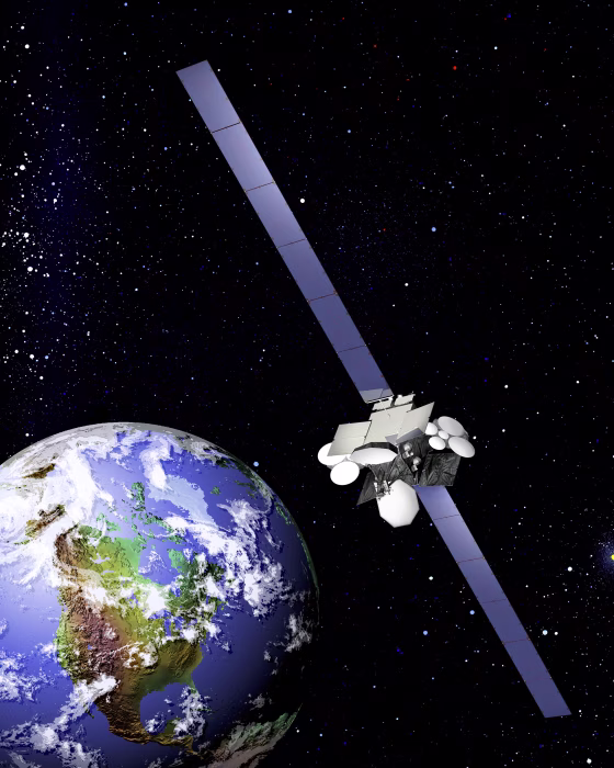 An artist's illustration of the Anik F2 telecommunications satellite in orbit. The Anik F2 launched in 2004 and is operated by Telesat Canada.