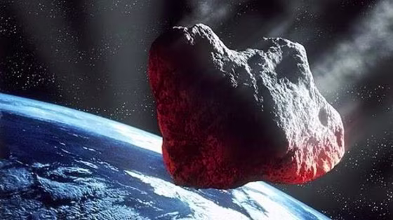 An artist's illustration of a large asteroid headed for Earth.