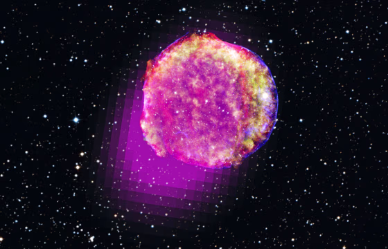 Gamma rays detected by NASA's Fermi space telescope show that the remnant of Tycho's supernova shines in the highest-energy form of light. This portrait of the shattered star includes gamma rays (magenta), X-rays (yellow, green, and blue), infrared (red) and optical data.