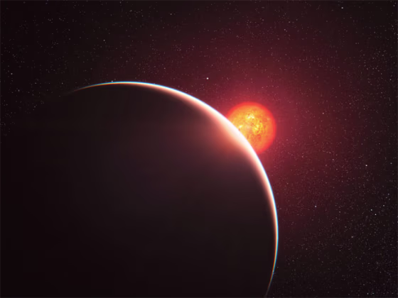 This artist’s impression shows the super-Earth exoplanet GJ 1214b passing in front of its faint red parent star. The exoplanet, orbiting a small star only 40 light-years away from us, has a mass about six times that of the Earth. GJ 1214b appears to be surrounded by an atmosphere that is either dominated by steam or blanketed by thick clouds or hazes.