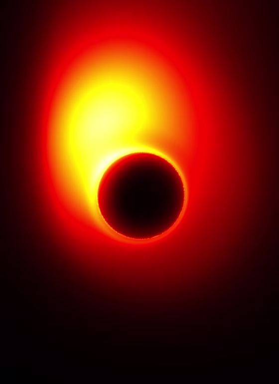 This image from a simulation shows an energy jet launched from a spinning black hole surrounded by a disk of accreting material. The black hole is spinning at half the maximum rate, and its mass is that of the black hole at the center of the M87 elliptical galaxy. The central black hole "shadow" due to extreme light bending is apparent in this simulation.