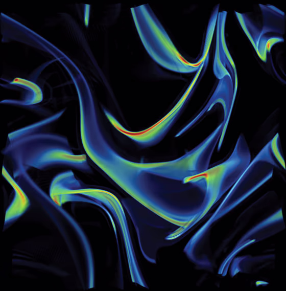 Bacteria foraging in turbulent ocean waters. High concentrations are shown in red, lower concentrations are blue and partially transparent.