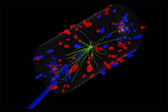 A proton collides with a lead nucleus, sending a shower of particles through the CMS detector.
