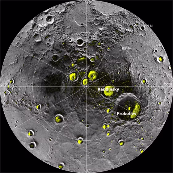 The radar image of Mercury’s north polar region from Image 2.1 is shown superposed on a mosaic of MESSENGER images of the same area. All of the larger polar deposits are located on the floors or walls of impact craters. Deposits farther from the pole are seen&nbsp;concentrated on the north-facing sides of craters.