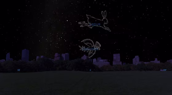 This night sky map shows the location of the constellations Lepus (the Hare) and Columba (the Dove) at 9 p.m. local time for stargazers at midnorthern latitudes. The constellations are located just below the famed Orion star pattern.