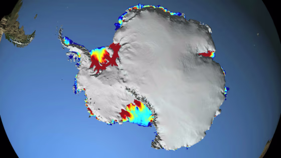 This illustration based on satellite data shows the thickest ice shelves&nbsp;(greater than 550 meters) in red. Thinner ones (less than 200 meters) are in red.