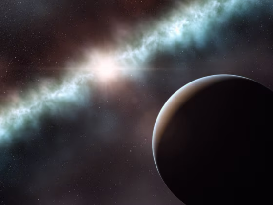 This artist’s impression shows the disc around the young star T Cha. Using ESO’s Very Large Telescope this disc has been found to be in two parts, a narrow ring close to the star and the remainder of the disc material much further out. A companion object, seen in the foreground, has been detected in the gap in the disc that may be either a brown dwarf or a large planet. The inner dust disc is lost in the glare of the star on this picture. 
