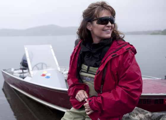 Image: Image: Sarah Palin ready to head up the river in Todd's boat to go see the fish counting