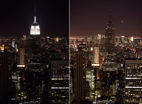 Image: A combination photo shows the Empire State Building before and during \"Earth Hour\" in New York