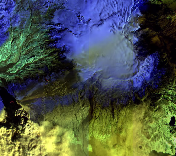 An April 17 NASA image shows the Eyjafjallajokull volcano to the west and Myrdalsjokull ice cap, beneath which slumbers the mighty Katla volcano, to the east.