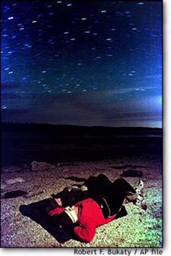 Rick Feeney and Ewa Tomecka watch 1999's Leonid meteor shower from the shore of Maquoit Bay in Maine.