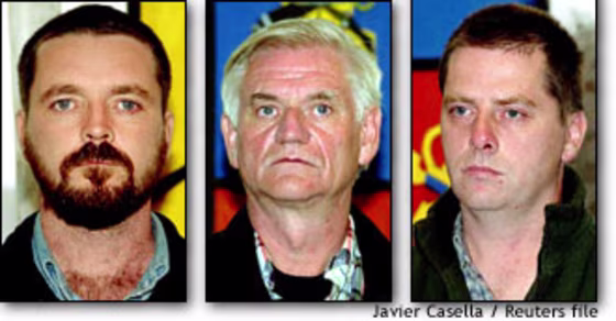 From left, Niall Connolly, James Monaghan and Martin McCauley, are charged with training Colombia's FARC rebels.