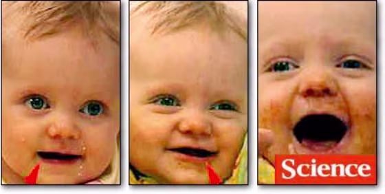 Researchers found that the mouths of babes open slightly wider on their right side when they babble (left photo), slightly wider on the left when they smile (middle photo) and are symmetrical when making sounds that aren't related to language (right photo).