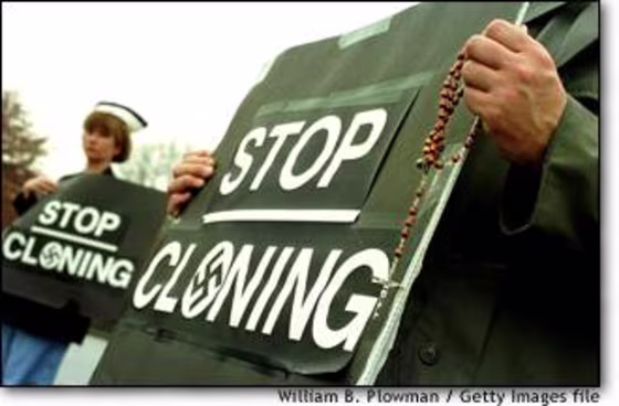 Anti-cloning activists demonstrate outside the headquarters of Advanced Cell Technology in Worcester, Mass, in November 2001.