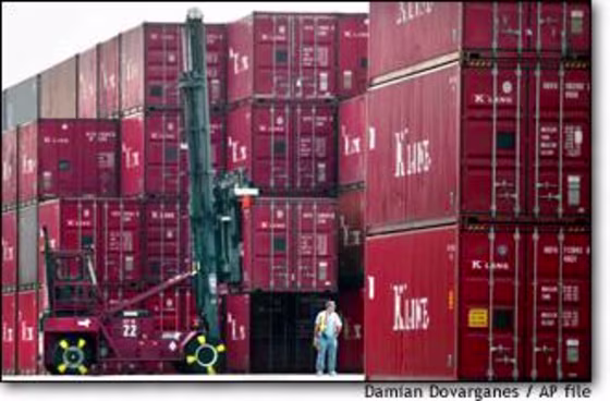 A longshoreman is dwarfed by stacks of cargo containers at the World Port in Long Beach, Calif. "It's only going to take one incident in one container in one ship in any port in the world to disrupt the entire global shipping industry," said Vera Adams, the U.S. Customs Service port director for the Los Angeles/Long Beach Seaport.