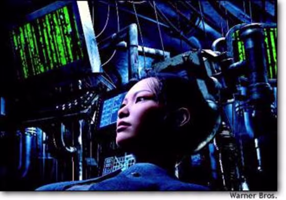 Jue, the first mate of the Osiris, is surrounded by "Matrix" monitors in a scene from "The Final Flight of the Osiris," a computer-generated featurette premiering in theaters Friday.