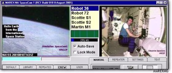 This simulated screenshot of the SpaceCam1 computerized image display shows real images from the international space station, including cosmonaut Sergei Krikalev at the ham-radio controls.