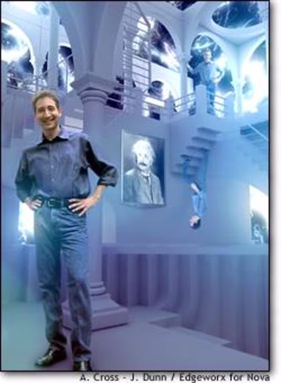 Physicist Brian Greene, host of "The Elegant Universe," walks a multiplicity of staircases in a scene inspired by artist M.C. Escher. The TV series draws heavily on computer animation and green-screen video imagery.
