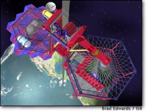 A close-up sketch of what a climber system might look like as it travels the space elevator from Earth.