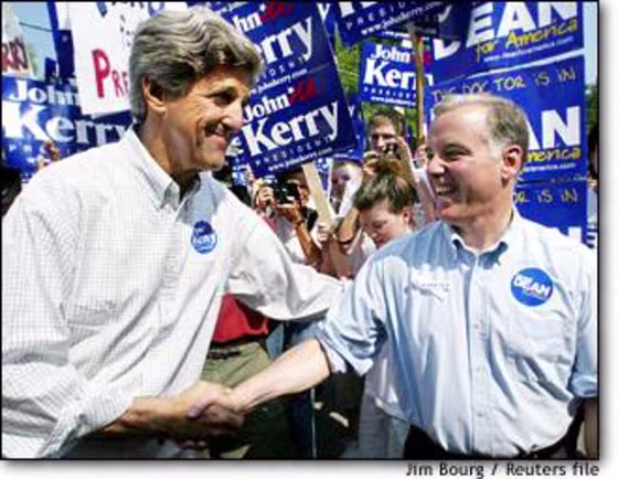 Kerry, left, and Dean were all smiles at a July 4 parade in Amherst, N.H., but Kerry has sharpened his attacks on Dean in the battle to win the nation's first primary.