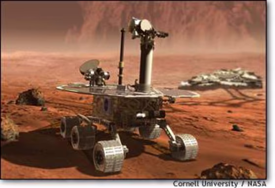 The Mars Exploration Rover, shown in this artist's conception, was developed at Cornell University for NASA.