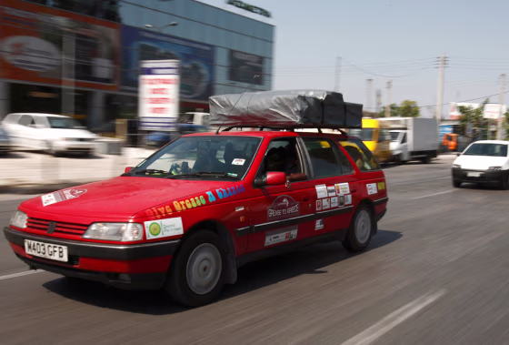 Image: A participating car in the eco-friendly \"Grease to Greece\" rally