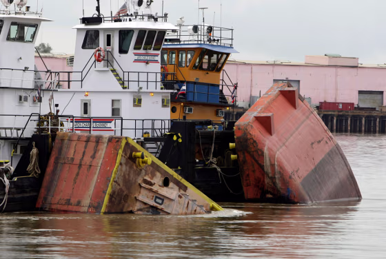 Image: Tug boats hold pieces of the barge