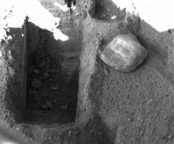The lander's Surface Stereo Imager took this picture of Stone Soup trench on Sol 88 after the day's digging. Stone Soup is toward the left, or west, end of the robotic arm's work area on the north side of the lander. Credit: NASA/JPL-Caltech/University of Arizona/Texas A&M University