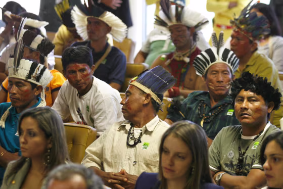 Image: Members of several ethnic groups attend on the Raposa Serra do Sol reserve at Brazil's Supreme Court in Brasilia