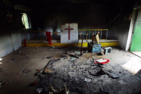 A burnt and damaged church in Tengedapathar, about 144 miles west of Bhubaneshwar, India, on Tuesday, Oct. 14.