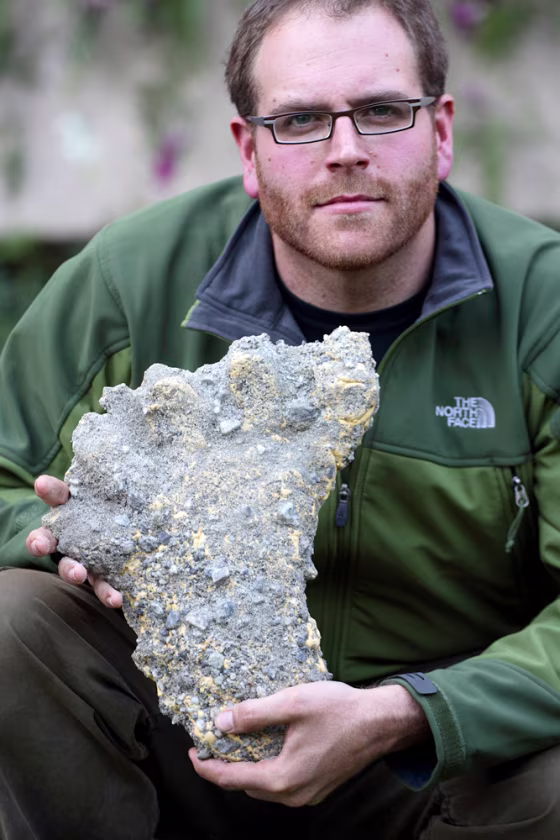 Image: American television channel host Josh Gates displays what is believed to be 'Yeti' footprints to the media in Kathmandu