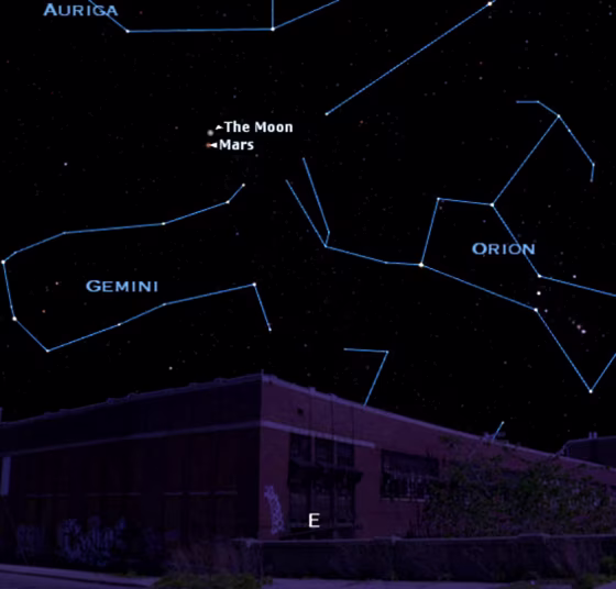 Image: Look east on the evening of December 23 to see the Moon and Mars so close together that you'll be able to see them in the same pair of binoculars.