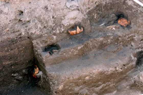 Image: Some of the five skulls discovered are seen in the \"Plaza de las Tres Culturas\" in the central Tlatelolco area of Mexico City
