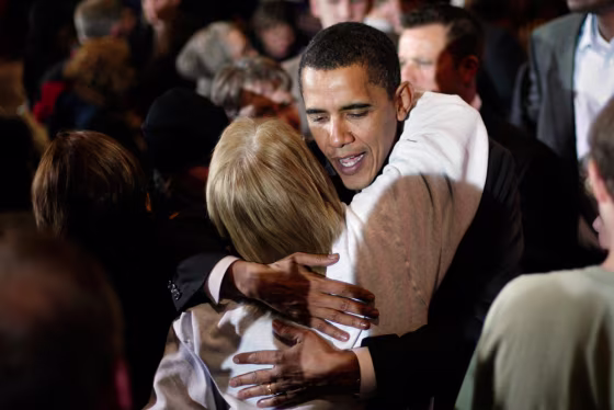 Image: Senator Barack Obama hugs a supporter during a campaign stop in Iowa.