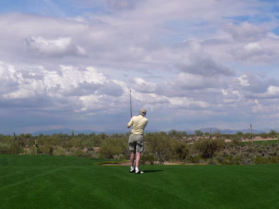 Image:  man teeing off on a golfcourse