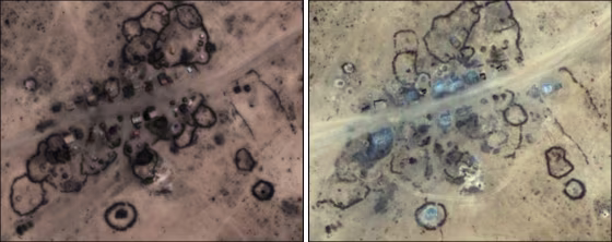 Image: Before and after image of burned village in Ethiopia