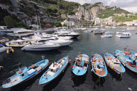 Anchored fishermen's boats are pictured