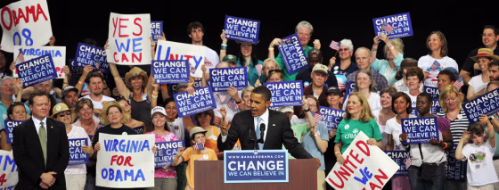 Image: Barack Obama speaks to supporters as Senator Jim Webb, D-Va, looks on during a rally in Bristow, Virginia
