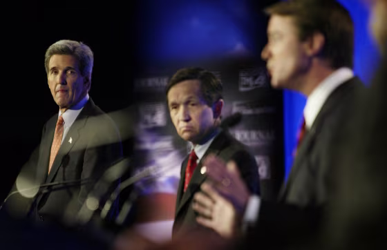 John Kerry, left, and Dennis Kucinich, center, listen as John Edwards answers a question during a Democratic&nbsp;debate in Milwaukee Sunday.